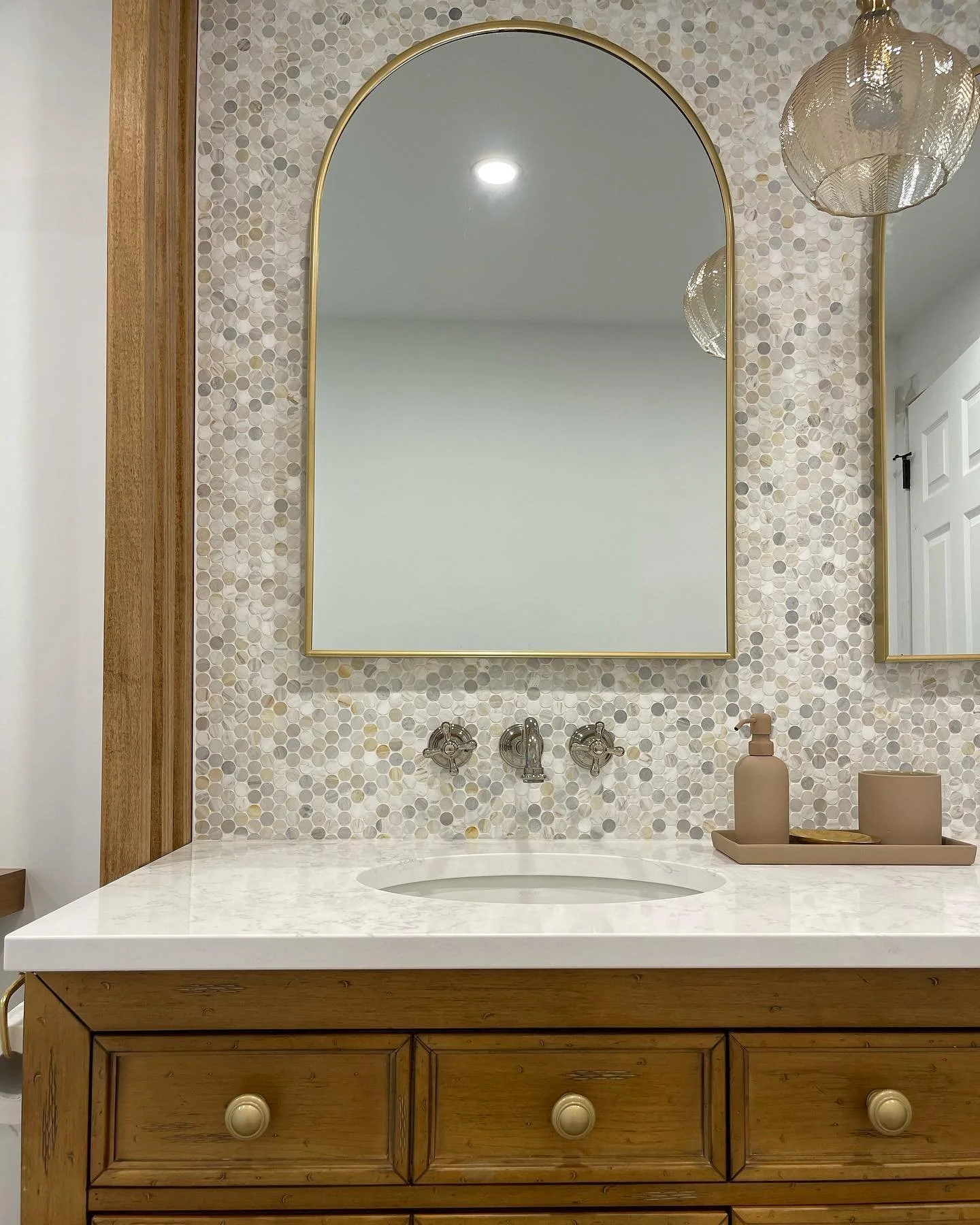 Bathroom progress! 
There are still some details to finish, and waiting on a backordered picture light, hardware and tub spout, using substitutes while we wait. Otherwise everything came together beautifully, with a unique mix of modern and vintage. 