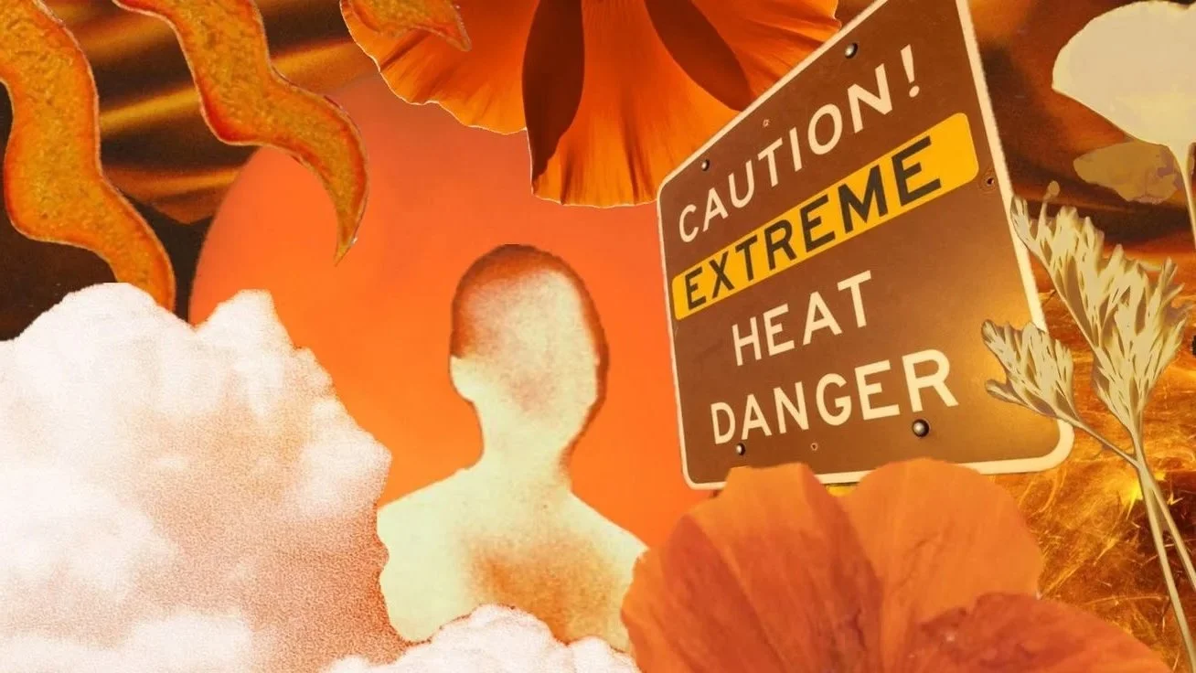 Collage of an extreme heat danger sign surrounded by orange poppies and soft clouds