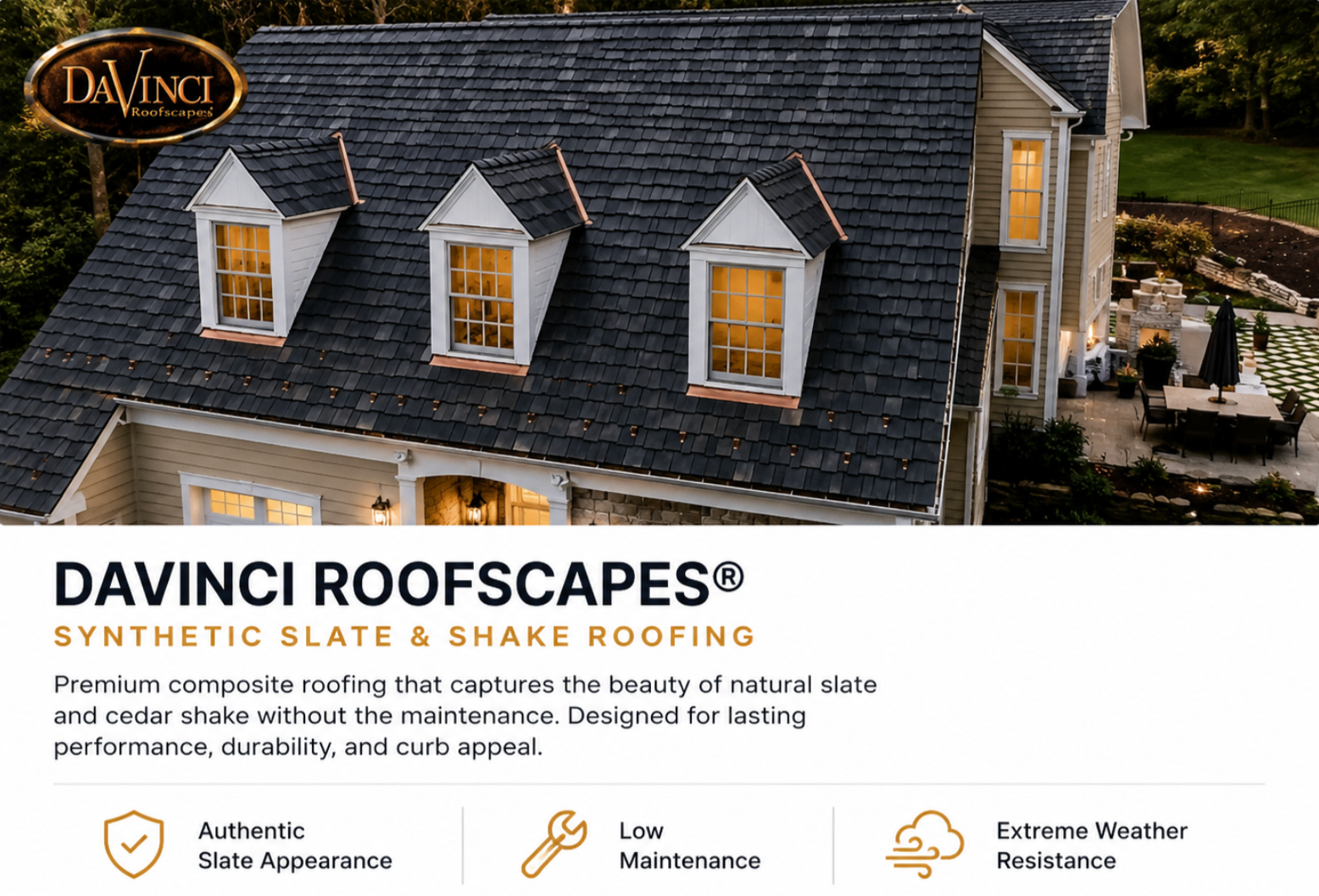 DaVinci synthetic slate roofing installed for a luxury residential home by Slatehawk Solutions.