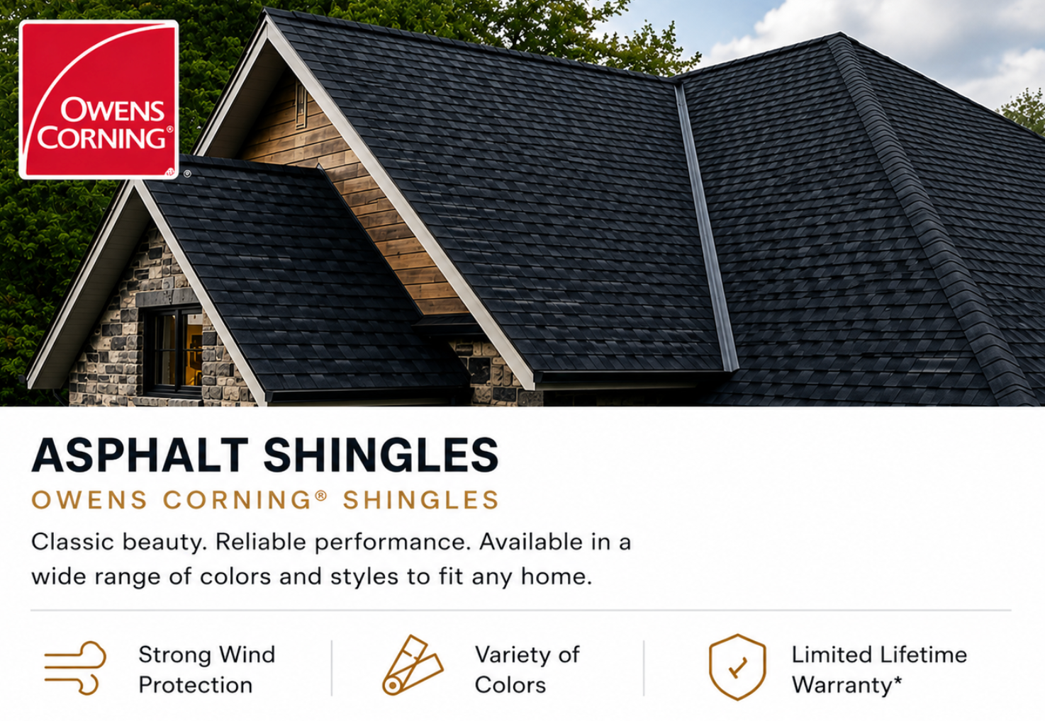 Architectural asphalt shingle roofing system designed for durability and enhanced curb appeal.