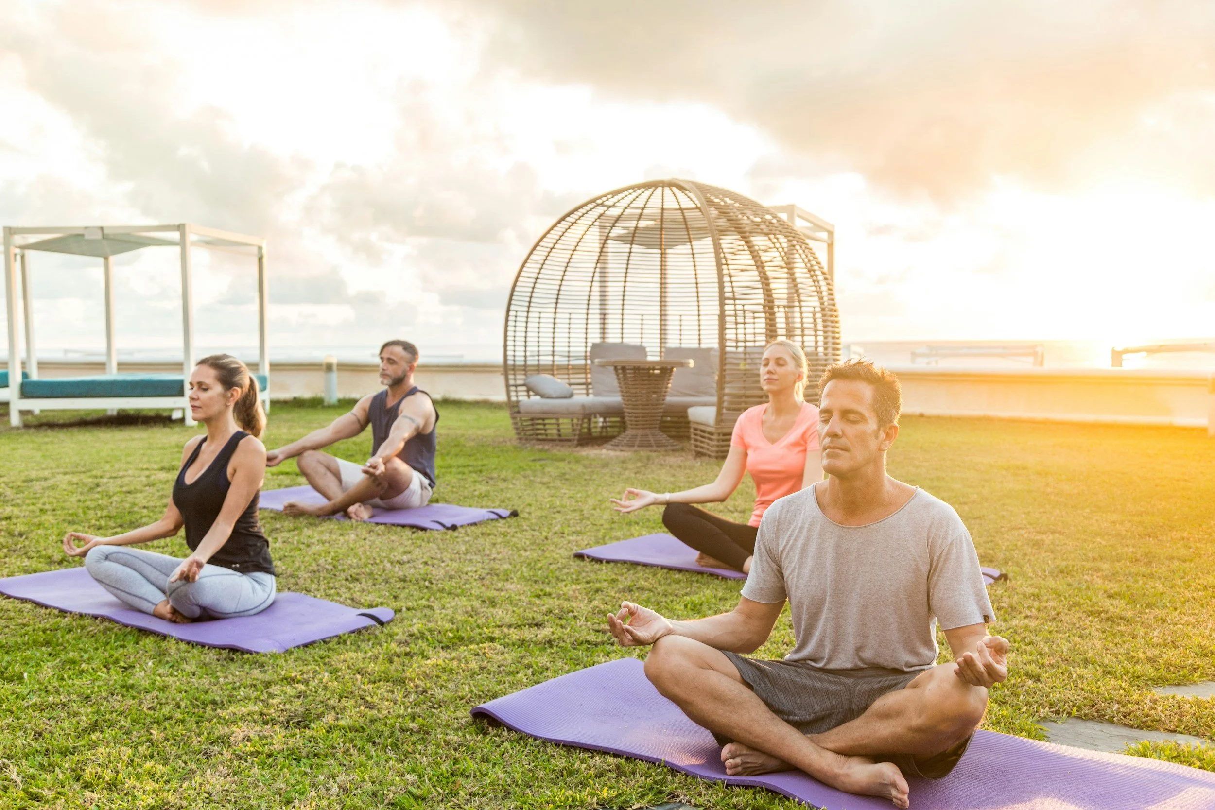 Four people practicing yoga outdoors on a grassy area during sunset, seated on purple yoga mats with eyes closed in meditation.