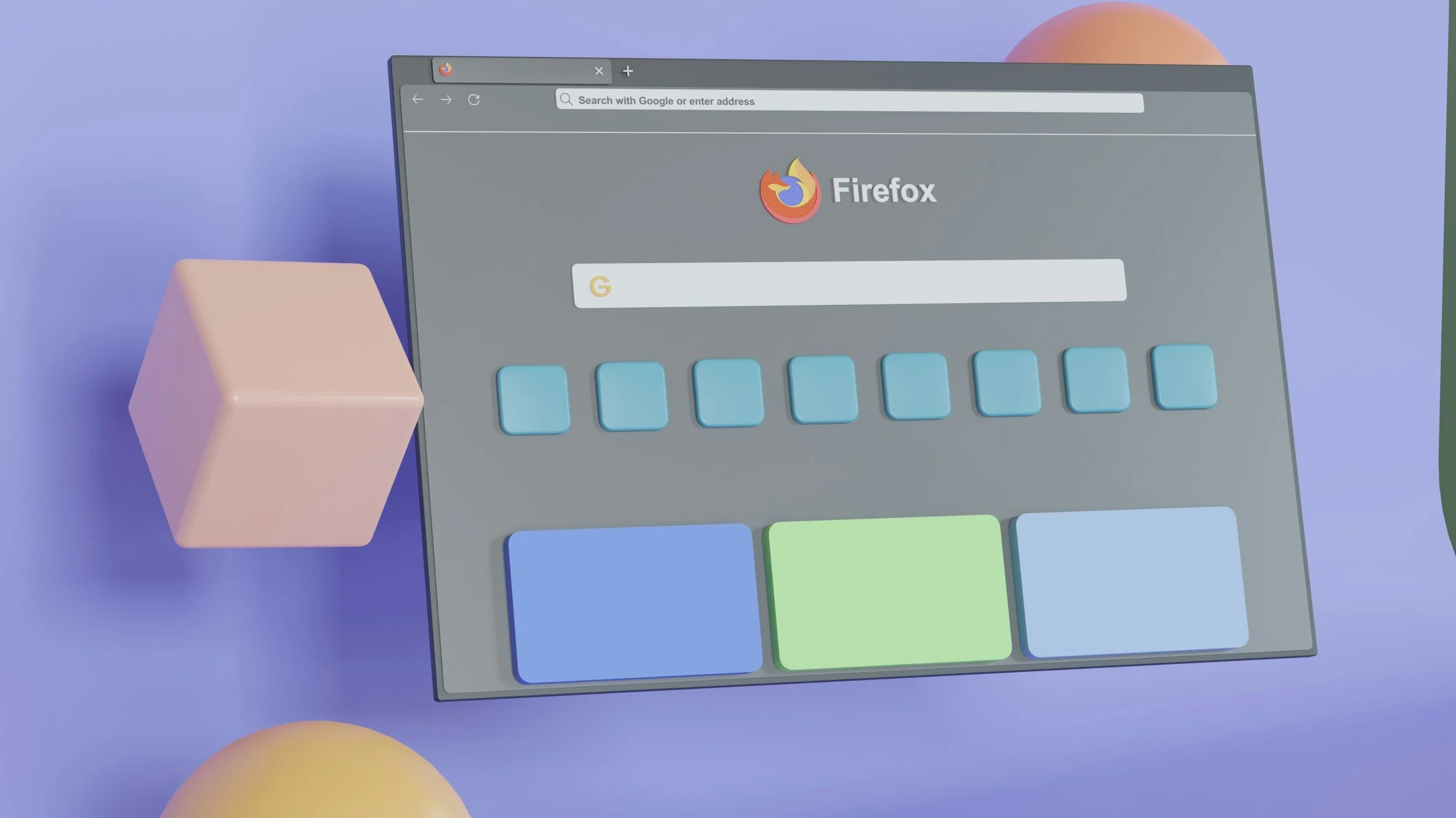 A computer screen displaying the Firefox browser homepage with a colorful set of keyboard keys below and two 3D geometric shapes, a pink cube and a yellow sphere, nearby on a purple background.