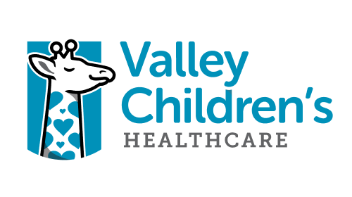 Valley Children's Healthcare logo with a cartoon giraffe, blue rectangle background, and text.