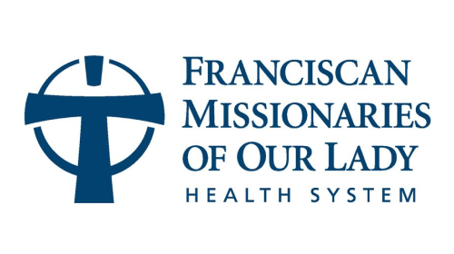 Logo of the Franciscan Missionaries of Our Lady Health System, featuring a stylized cross in a circle and the organization name.