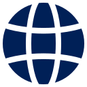 A dark blue globe icon with grid lines representing continents and latitude/longitude lines.