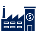 Factory building with a smokestack and a dollar sign on the side