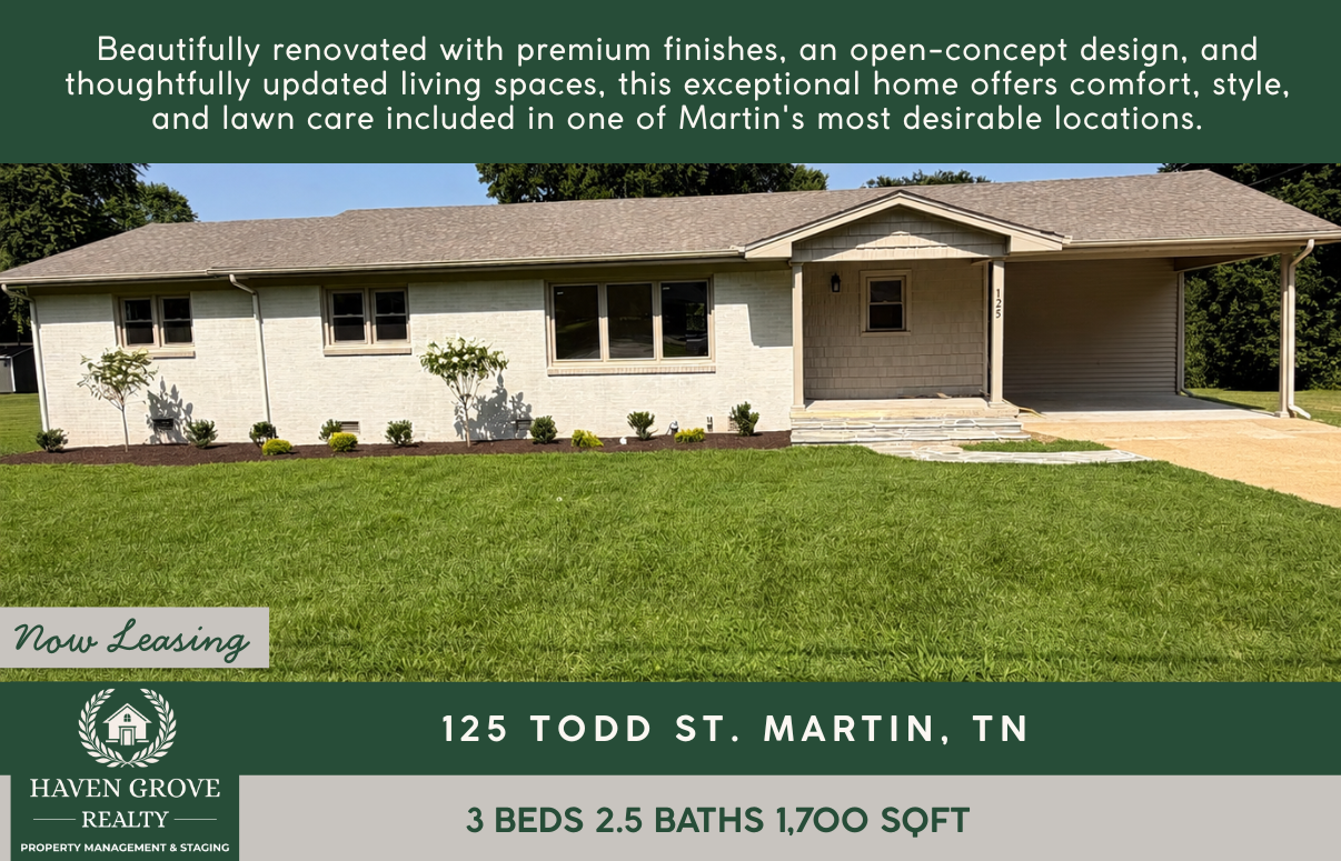 A newly renovated single-story house with white brick exterior, landscaped front yard with grass, small trees, and bushes, and a concrete driveway leading to a carport, located at 125 Todd Street in Martin, Tennessee, with information about leasing and property details displayed over the image.