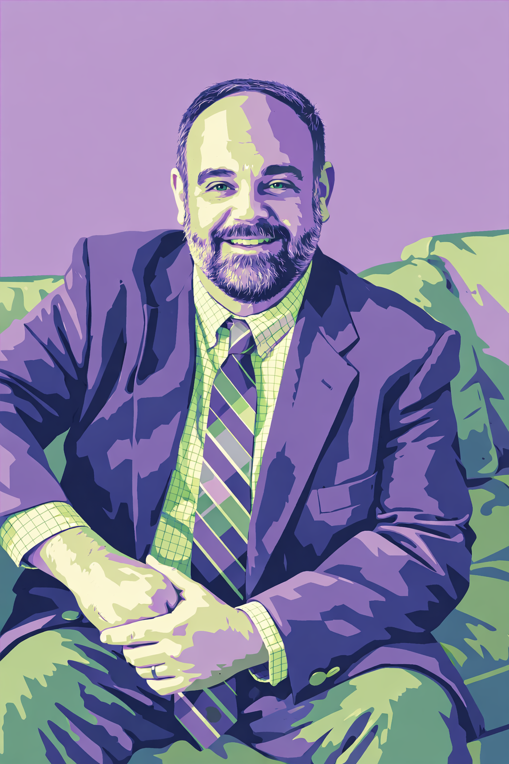 A digitally stylized portrait of a man with a beard and short hair, wearing a suit, tie, and checkered shirt. Photo effect - posterize with lavender purple white and green tones.