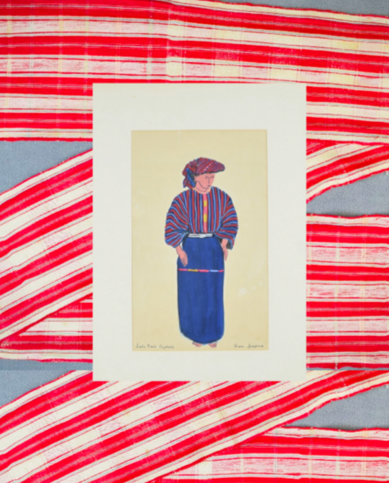 Print of a woman wearing a colorful striped shirt and long blue skirt, with her hands in her pockets, on a yellow background, surrounded by red and white striped fabric.