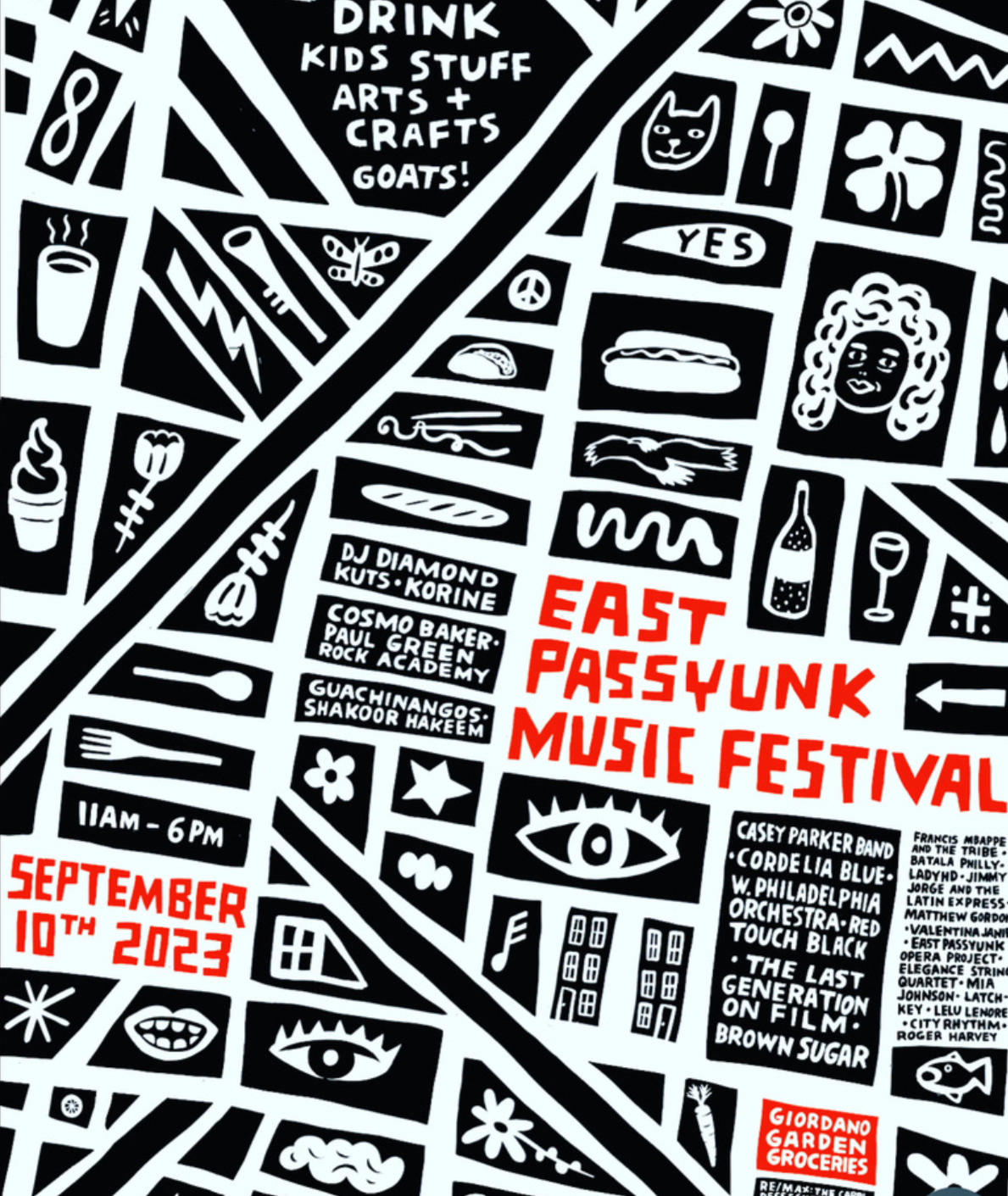 Black and white illustrated map promoting the East Passyunk Music Festival on September 10th, 2023, with sections highlighting food sponsors, arts, crafts, events, and performances.