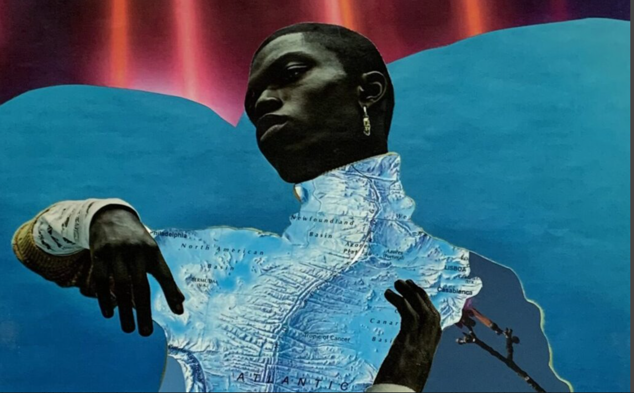 Artwork of a person with a dark complexion, wearing earrings and a high collar shirt, with the background showing a red to purple gradient and blue shapes. The person's face and upper body are blended with a map of North America.