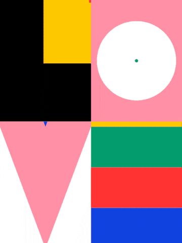 philadelphia art advisors, creative phl, Abstract geometric artwork with pink, yellow, black, white, green, red, and blue shapes and patterns.