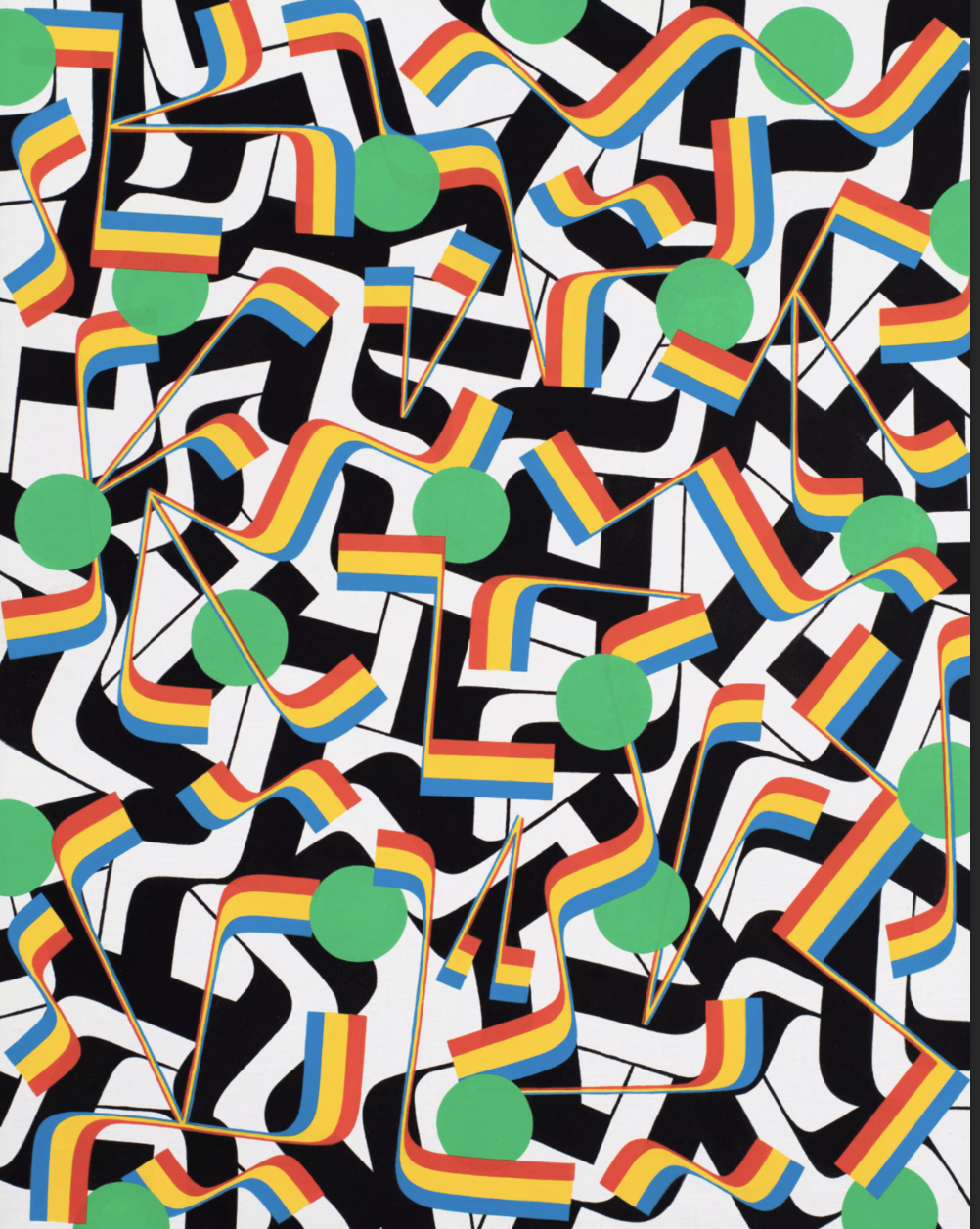 Abstract artwork featuring black and white geometric shapes with multiple rainbow-striped flags connected by thin black lines, and large green circles scattered throughout.