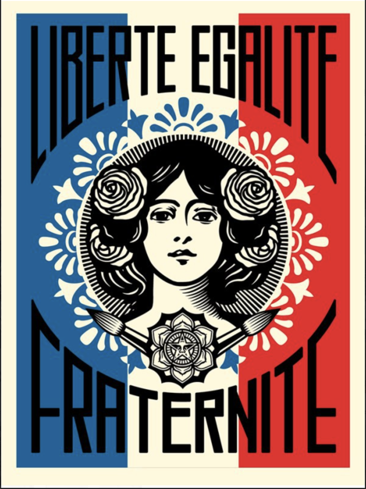 Illustration of a woman with flowers in her hair, set against the French flag colors, and the words 'Liberté, Égalité, Fraternité' written around her.