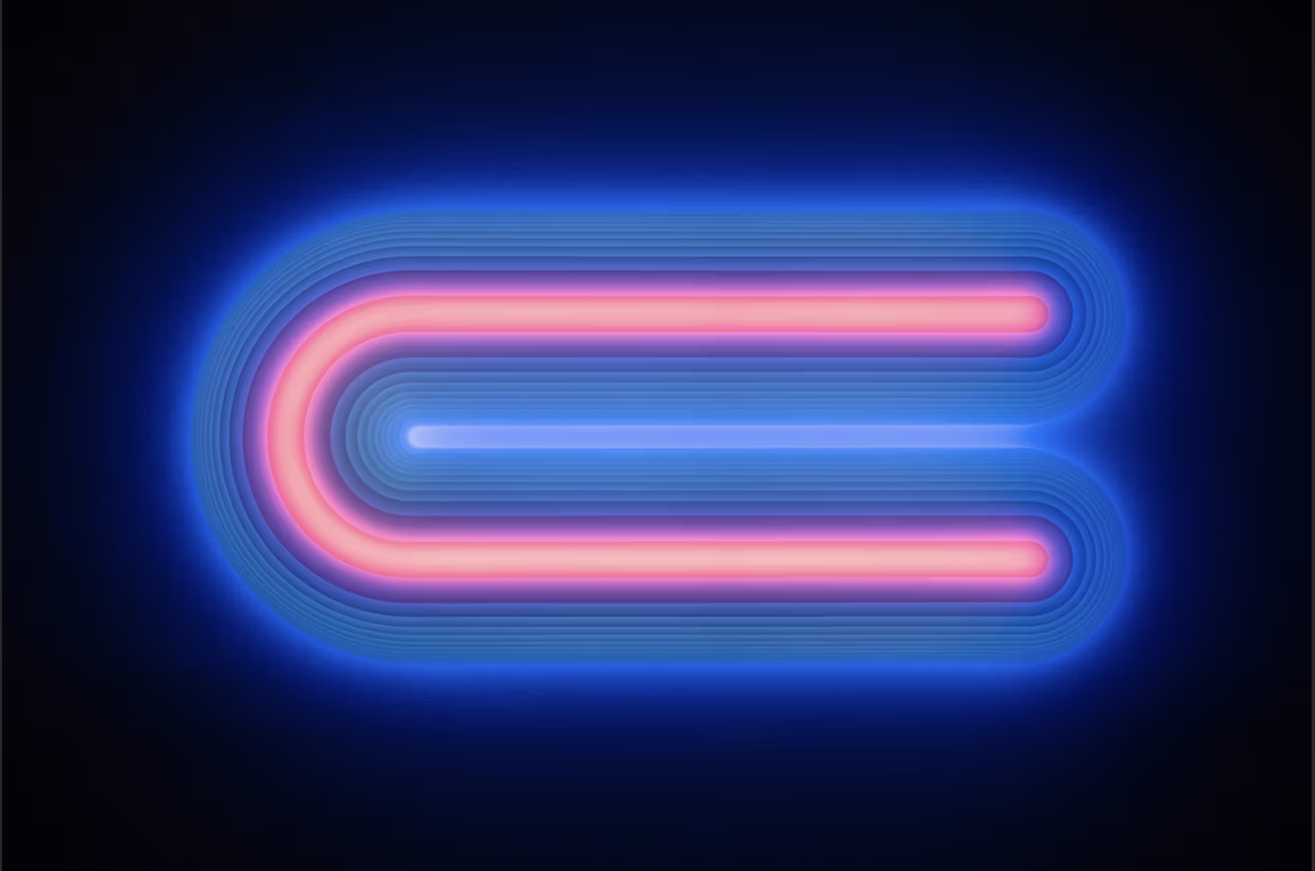 Neon sign with stylized arrow pointing left, glowing in pink and blue against a dark background.