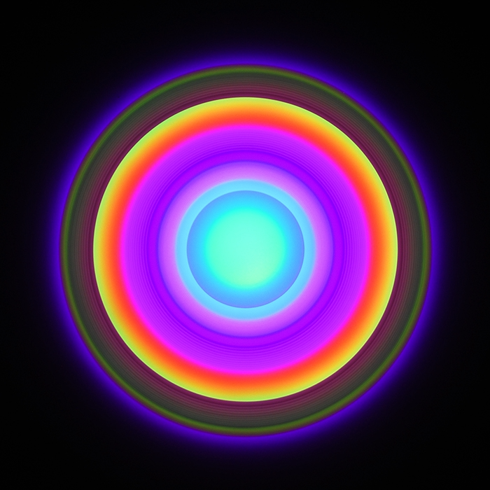 Colorful concentric circles glowing with neon lights against a black background.