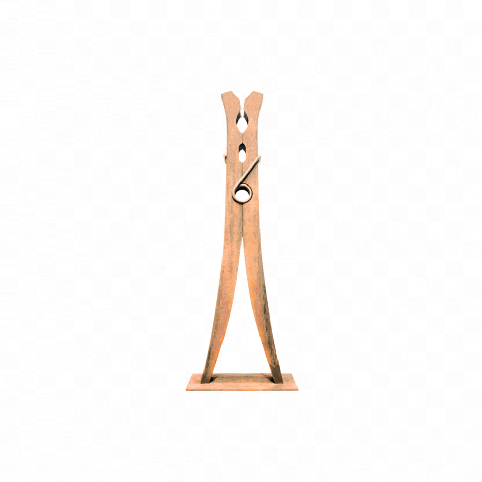 A modern wooden sculpture resembling an abstract figure with elongated limbs and a minimalist design, mounted on a rectangular base.