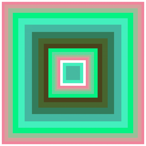 Colorful concentric squares pattern with shades of green, pink, and gray.