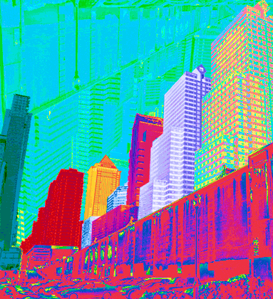 Colorful infrared-style illustration of a cityscape with tall buildings, skyscrapers, and parked cars along the street.