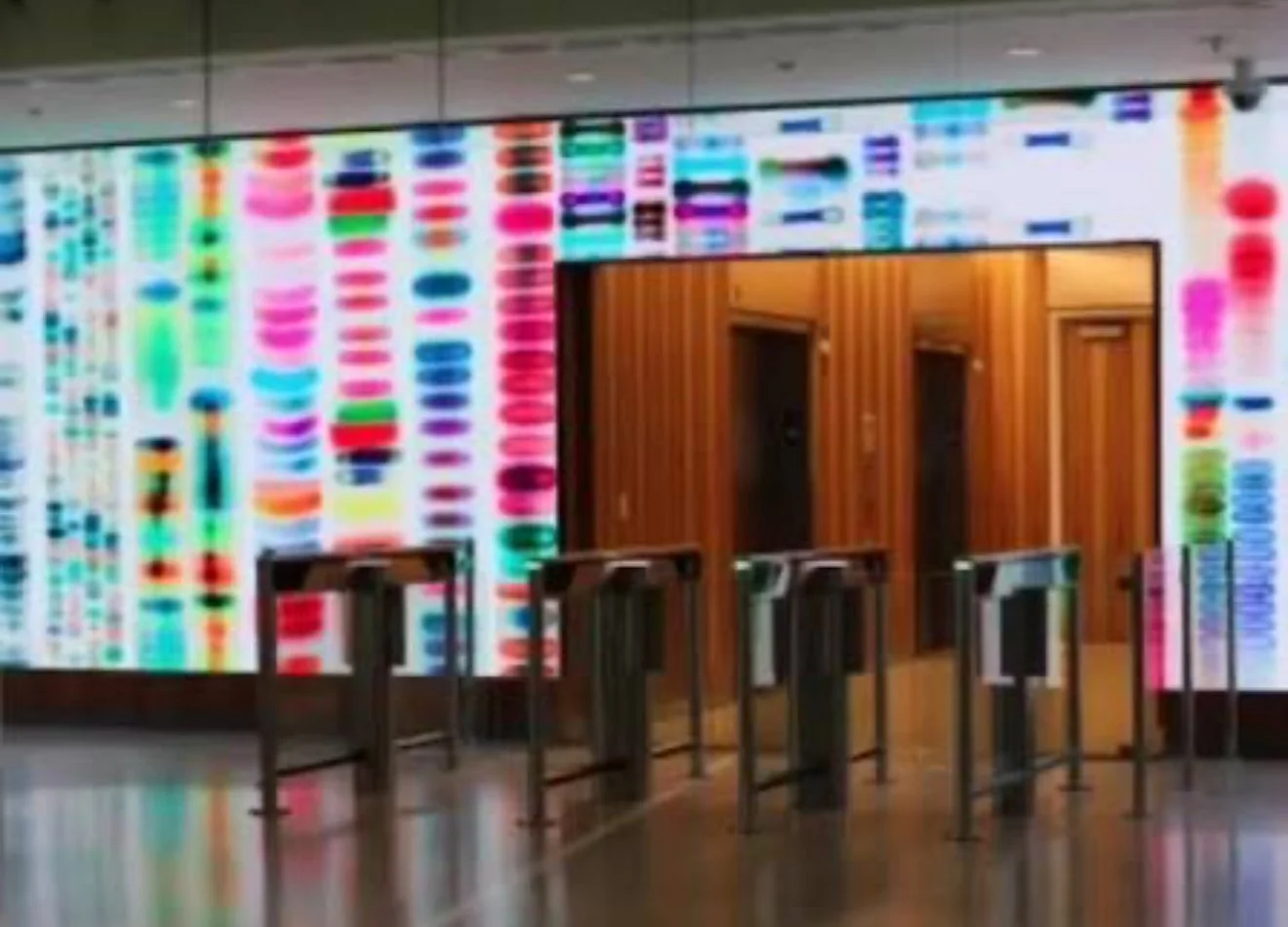 A digital colorful DNA gel electrophoresis display on a wall with a wooden doorway and barriers in front.