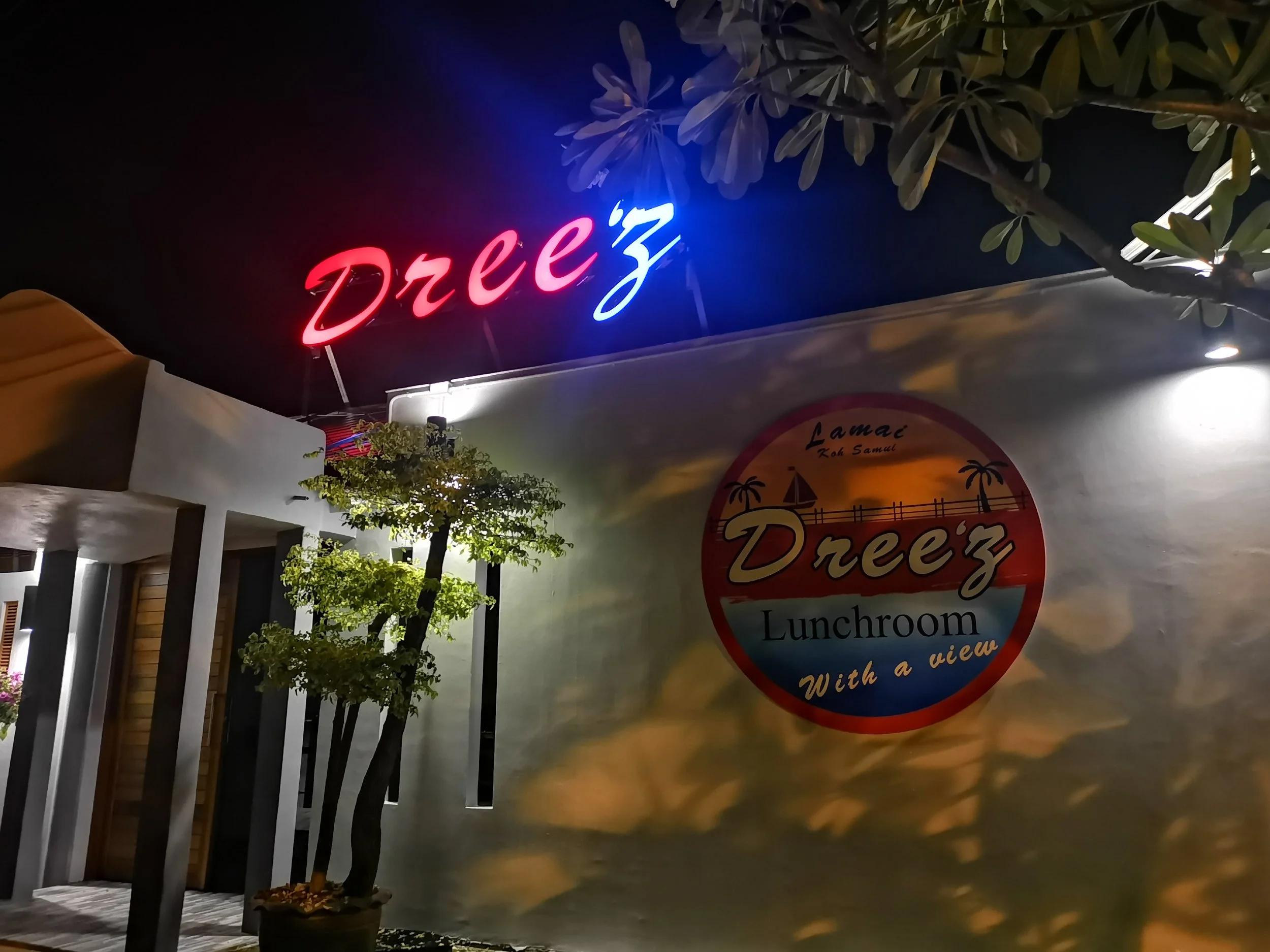 Neon sign that reads 'Dreez' in red, with a smaller blue 'z' at the end, above the entrance of a restaurant or cafe at night.