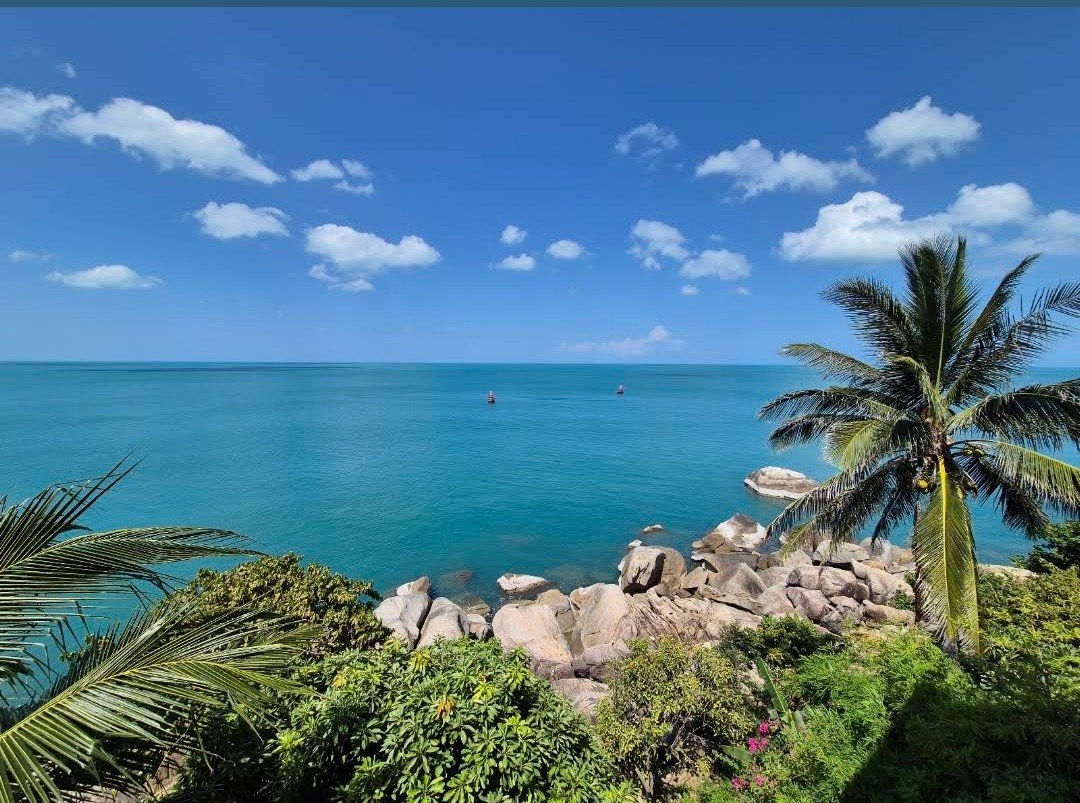 Tropical beach scene with turquoise ocean, rocky shoreline, palm trees, and green foliage under a partly cloudy sky.
