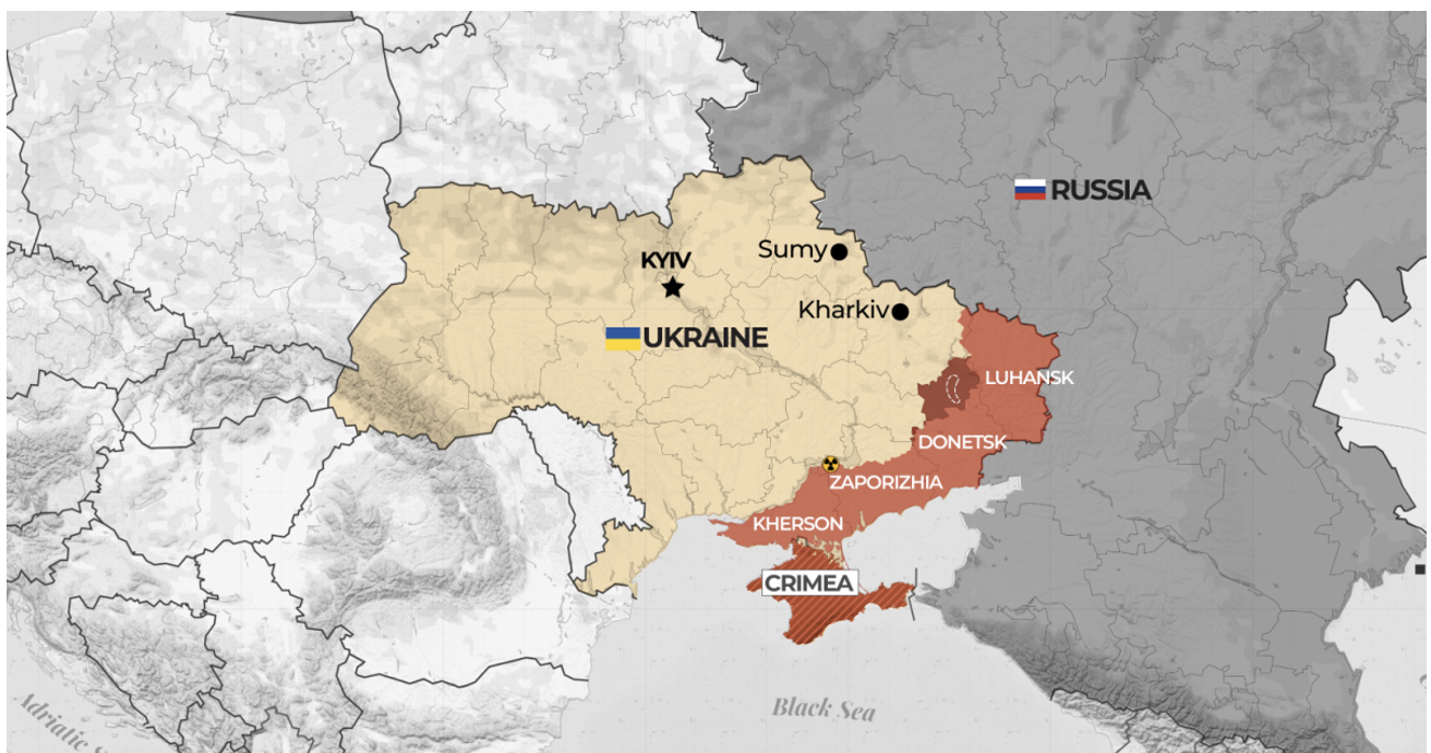 Map of Ukraine showing Russian-occupied territories as of 2025.