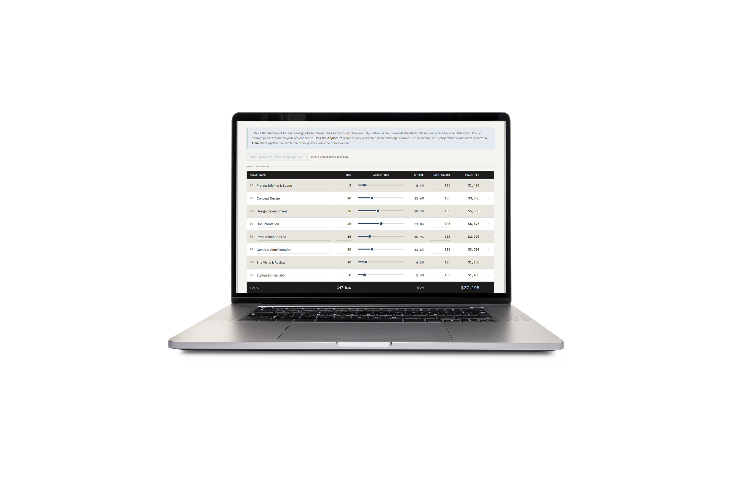 Fee proposal calculator for interior design