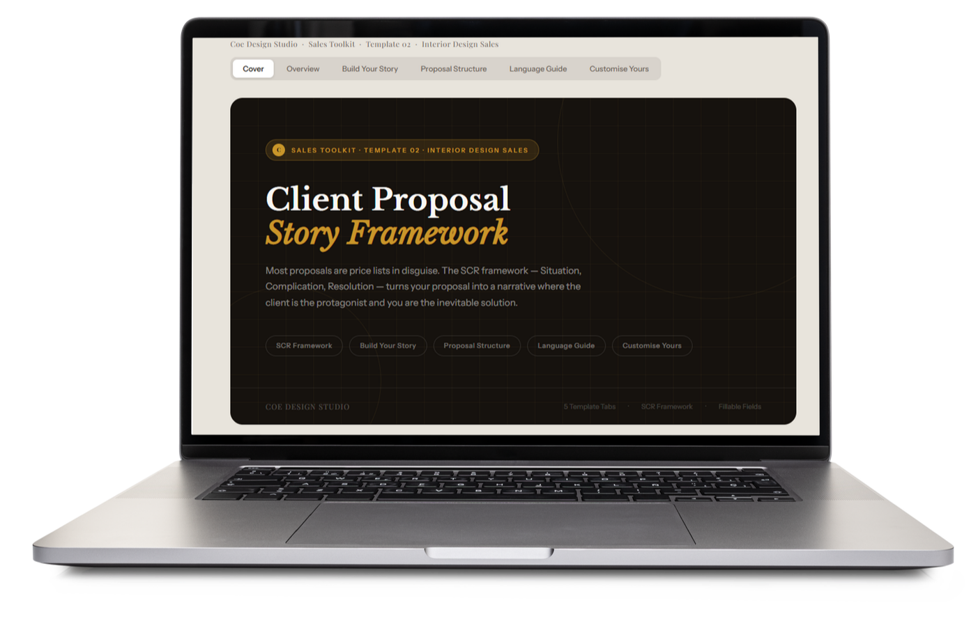 An open laptop showing the cover page of Template 02 Client Proposal Story Framework from Coe Design Studio