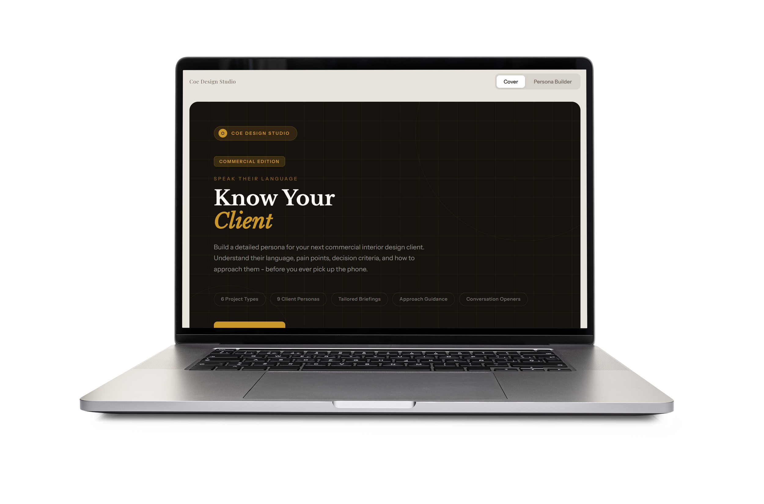 Laptop displaying the client persona tool by CDS, built for interior designers