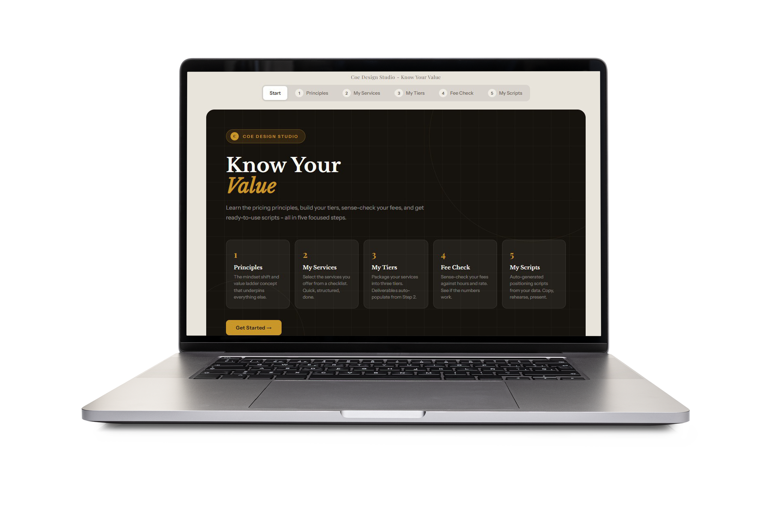 Laptop displaying the CDS template "Know Your Value" for interior designers to price their work more easily