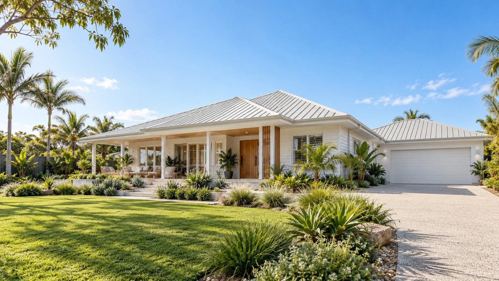 Illustrative contemporary Queensland home with a pale metal roof, verandah and subtropical garden
