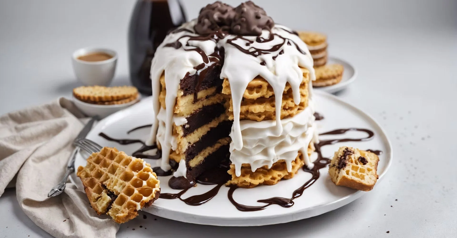 Waffles layered with ice cream, chocolate syrup, and whipped cream, with chocolate candy pieces on top, served with a side of syrup and cookies on a white plate.