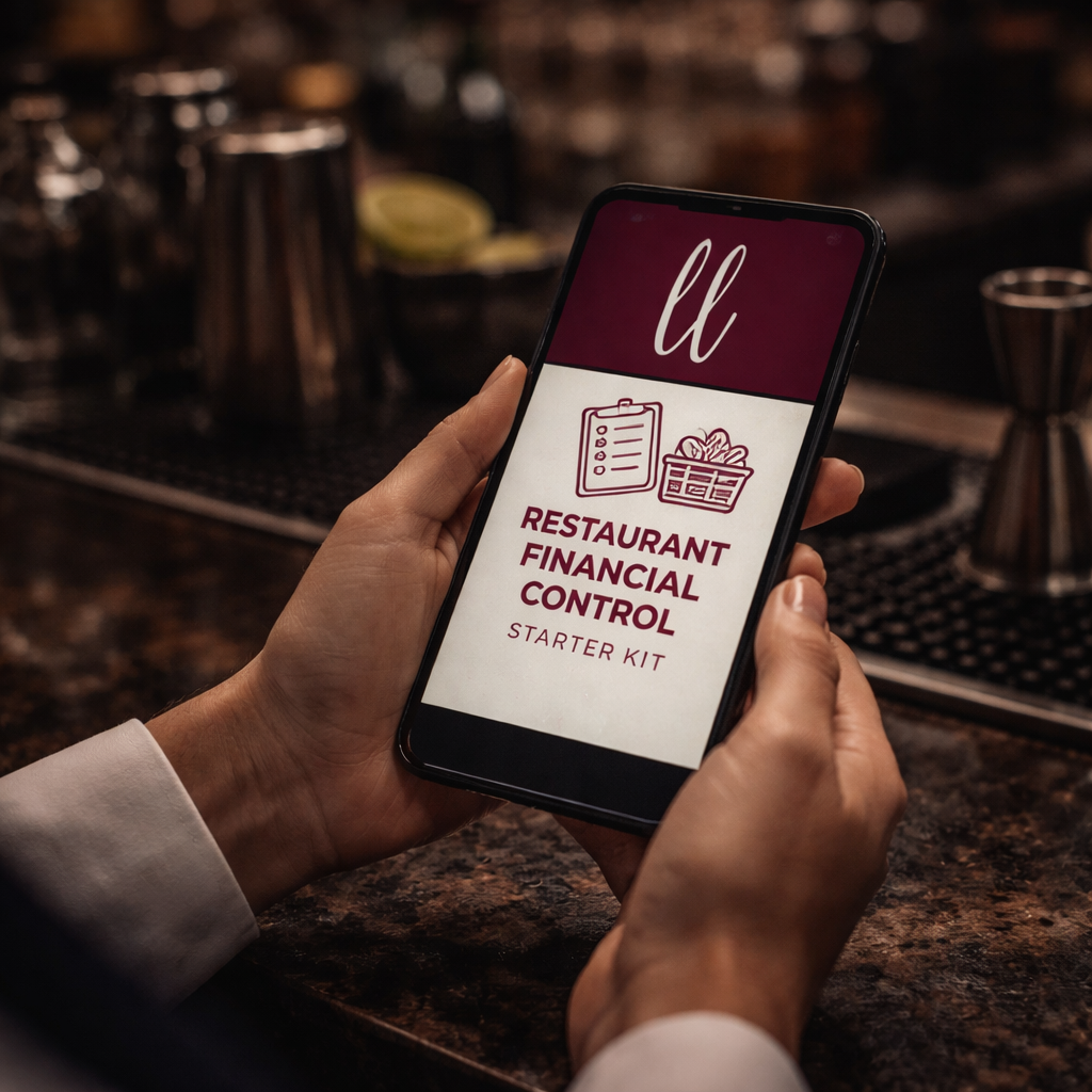 Hospitality operator using a mobile device to access a restaurant financial control system, tracking labor, COGS, and prime cost to reduce costs, improve margins, and manage restaurant performance in real time.