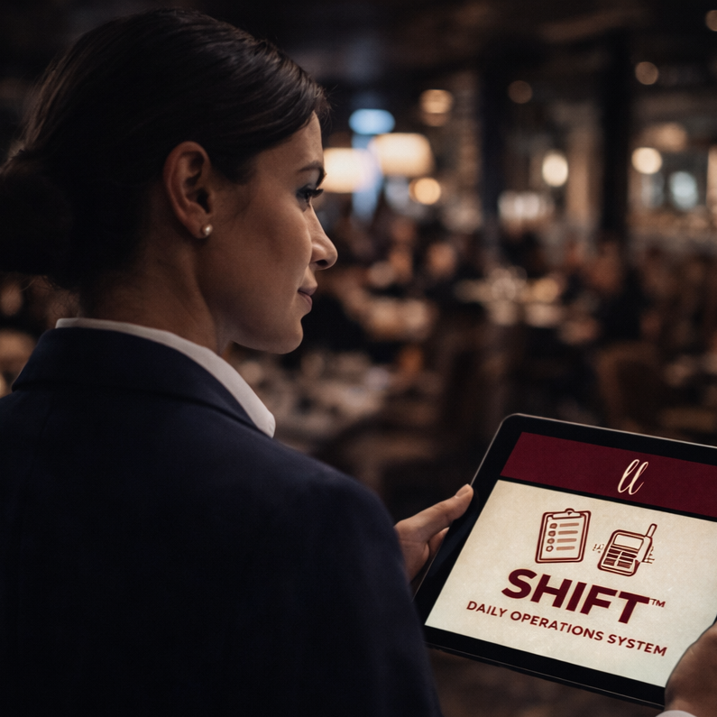 Hospitality operator using SHIFT Daily Operations System on a tablet to track labor, manage service flow, and monitor daily restaurant performance in a high-volume environment.