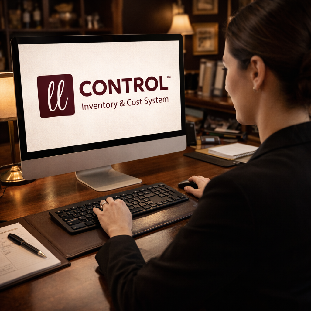 A woman working at a desk looking at a computer screen displaying "ll CONTROL Inventory & Cost System" logo, with a notebook and pen nearby.