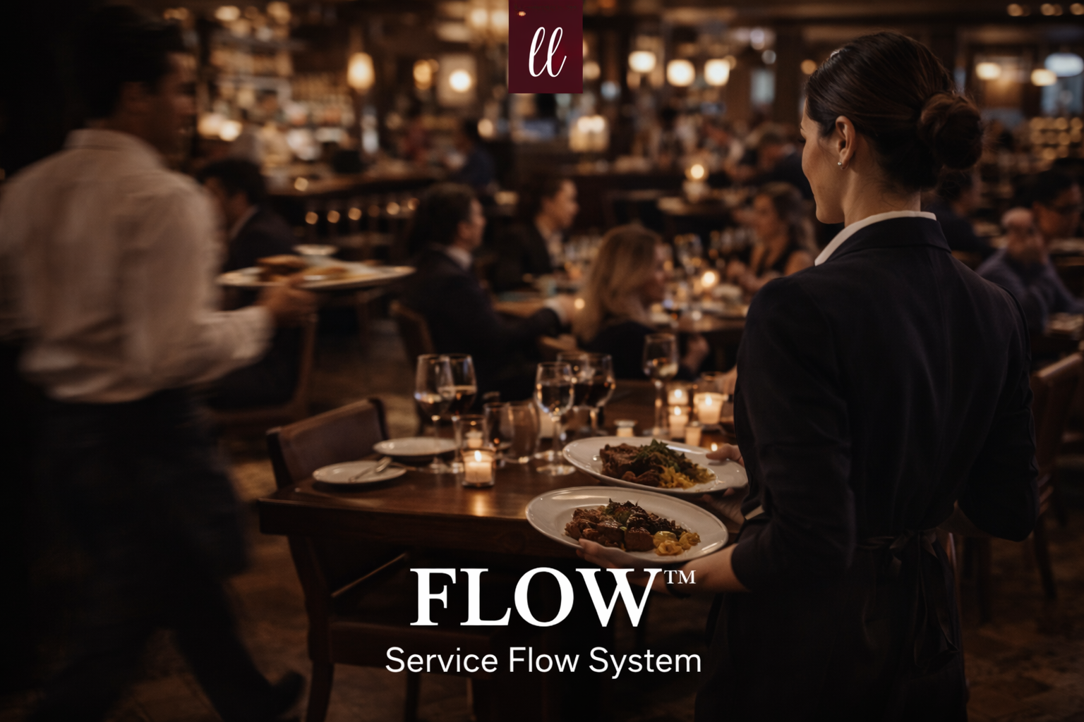 A waitress in a dark uniform serving two plates of food at a busy restaurant table with wine glasses and lit candles, with many diners in the background.