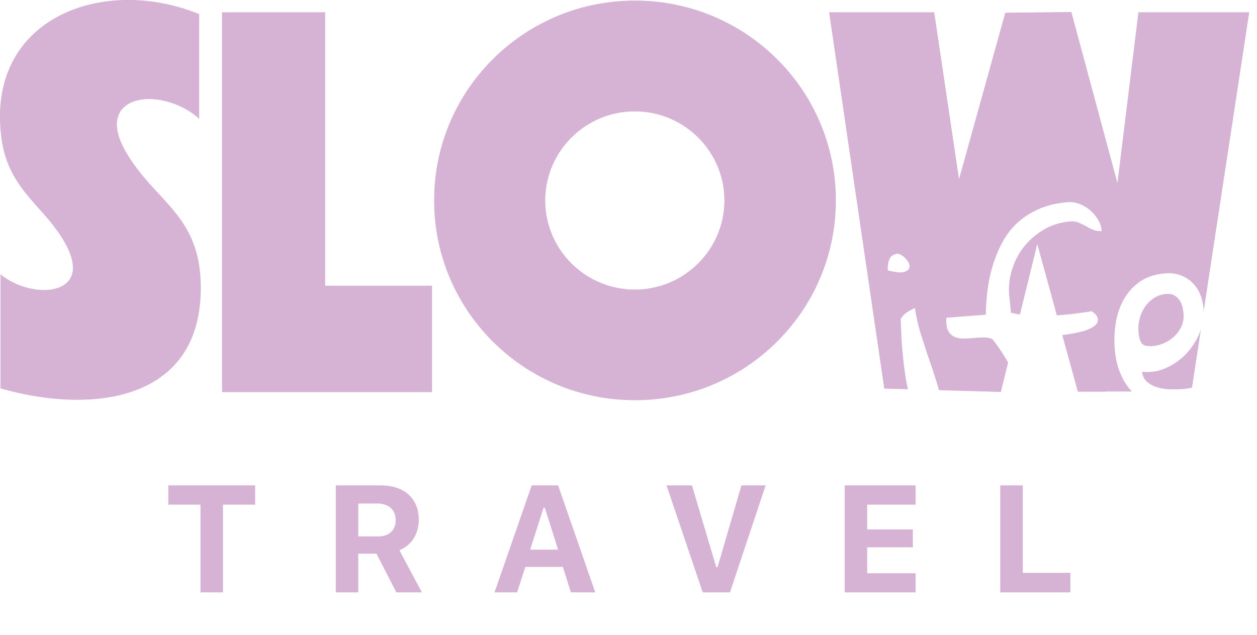Text-based logo reading large lila letters spelling 'SLOW TRAVEL' and smaller white handwritten style letters spelling 'life'.