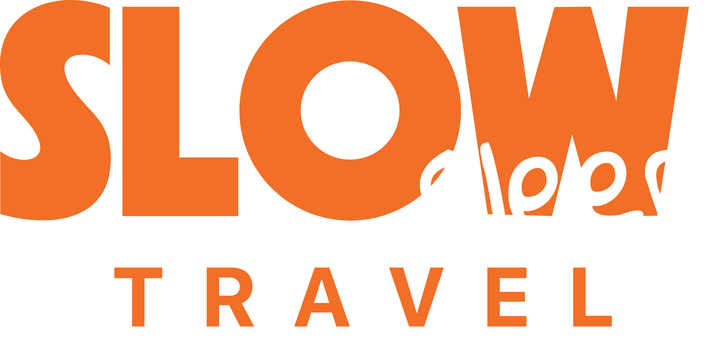 Text-based logo reading large orange letters spelling 'SLOW TRAVEL' and smaller white handwritten style letters spelling 'sleep'.