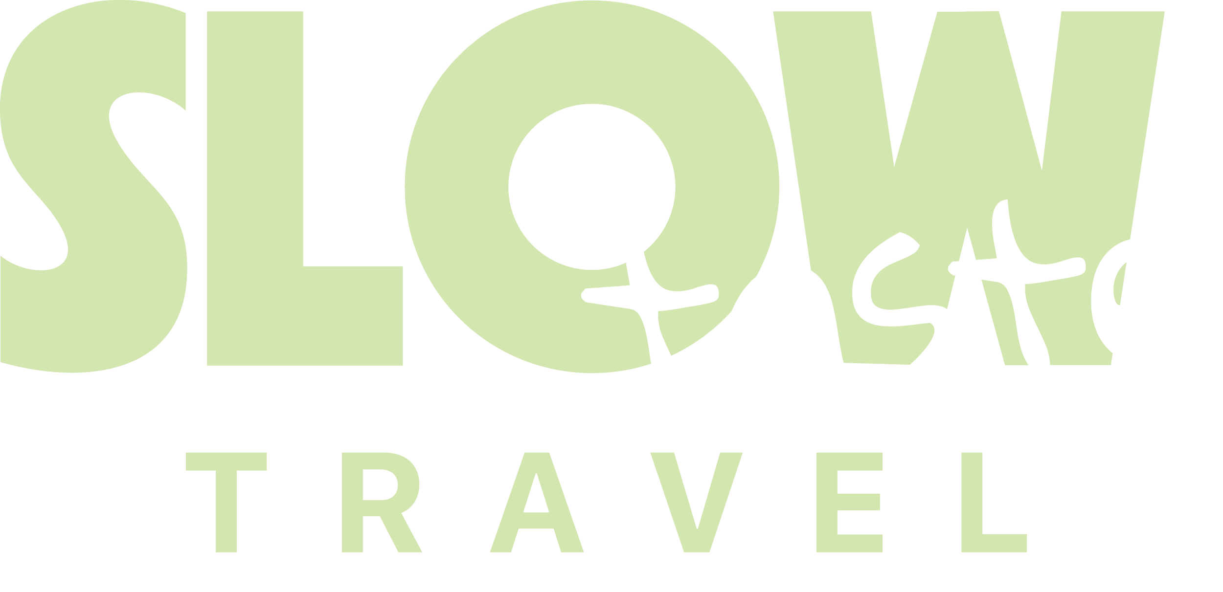 Text-based logo reading large light green letters spelling 'SLOW TRAVEL' and smaller white handwritten style letters spelling 'taste'.