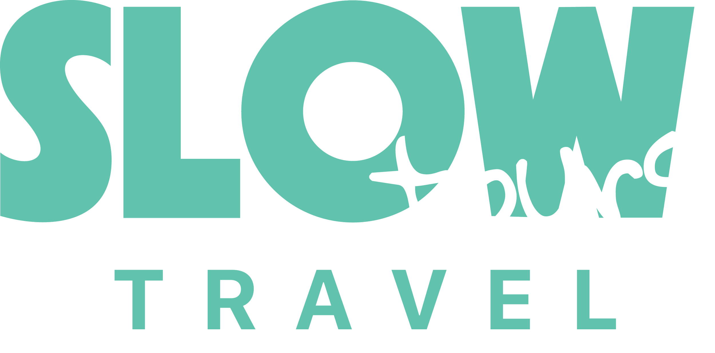 Text-based logo reading large turquoise letters spelling 'SLOW TRAVEL' and smaller white handwritten style letters spelling 'tours'.