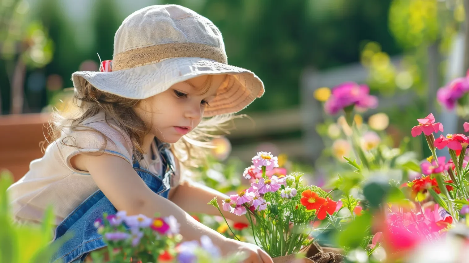 A young girl in a sun hat and overalls tends to vibrant flowers in a garden, evoking a sense of calm and joy on a bright, sunny day.