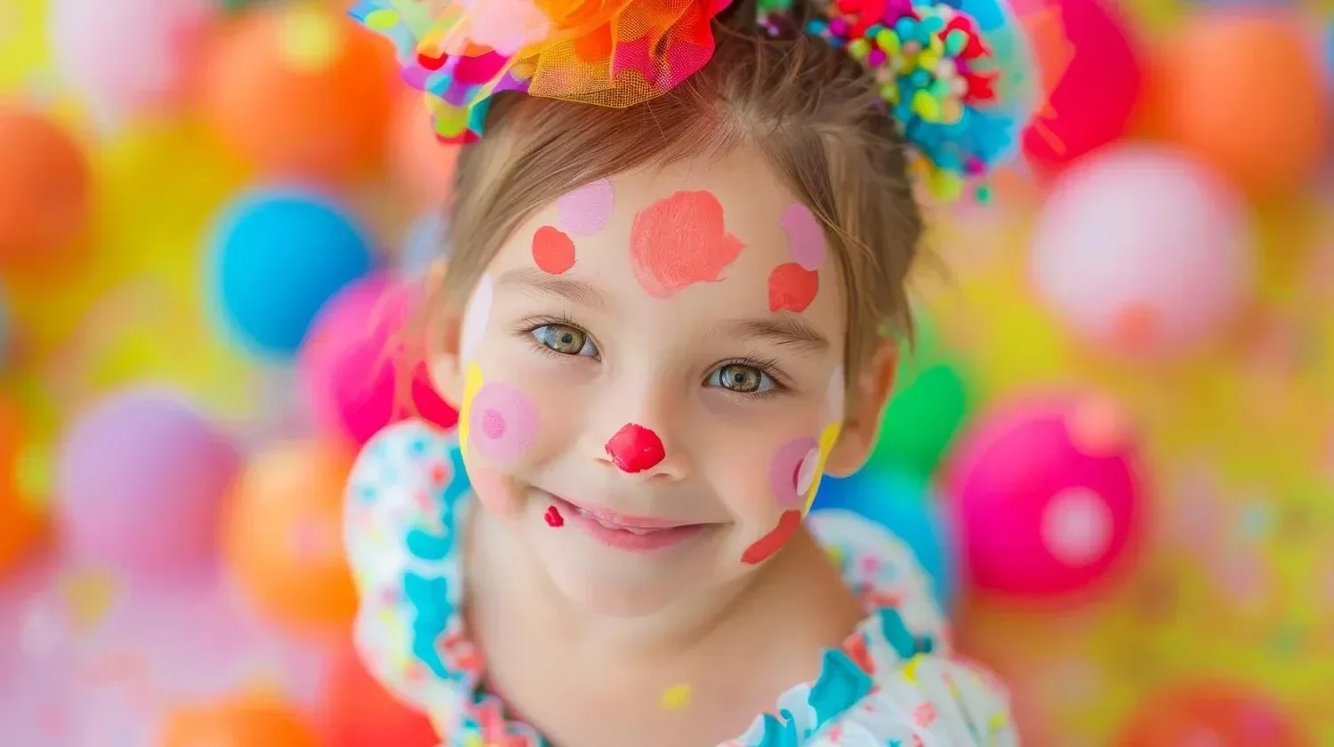 Young girl with painted face smiling brightly, adorned with colorful dots and vibrant flower headband, set against a blurry rainbow background, exuding joy.