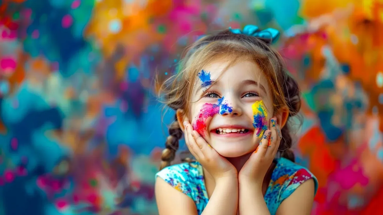 A cheerful child with face and hands covered in colorful paint smiles widely. The vibrant background of mixed colors enhances the joyful mood.