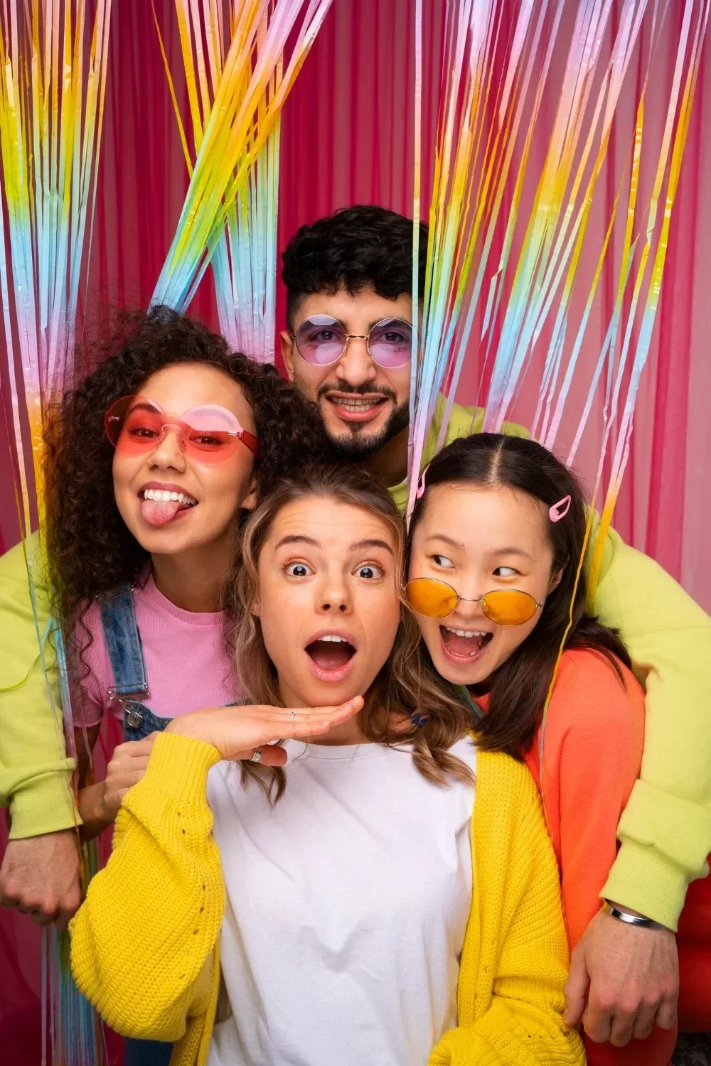 A joyful group of four friends poses playfully in colorful sunglasses amid vibrant, rainbow streamers with a pink backdrop, exuding fun and excitement.