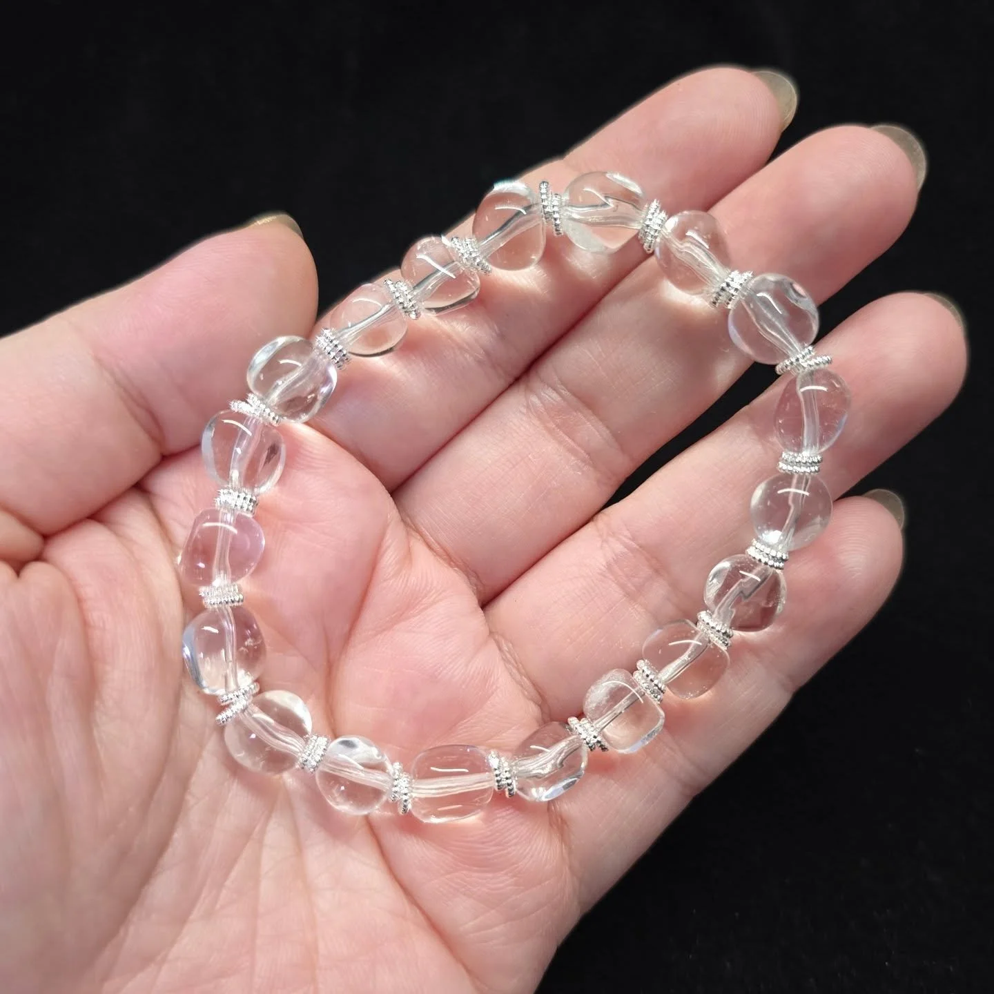 Clear quartz in irregular ice cube shapes. Available on the website.
The clarity in these beads are insane.
Nothing needs to be added to this, just simple silver spacers and this can be your dress bracelet, work bracelet, daily bracelet. 

#wearabled