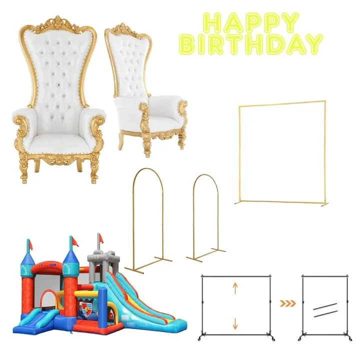 A birthday themed illustration with two ornate white and gold chairs, a large yellow "HAPPY BIRTHDAY" message, blank photo frames, and an inflatable bounce house with slides in red, blue, yellow, and gray colors.