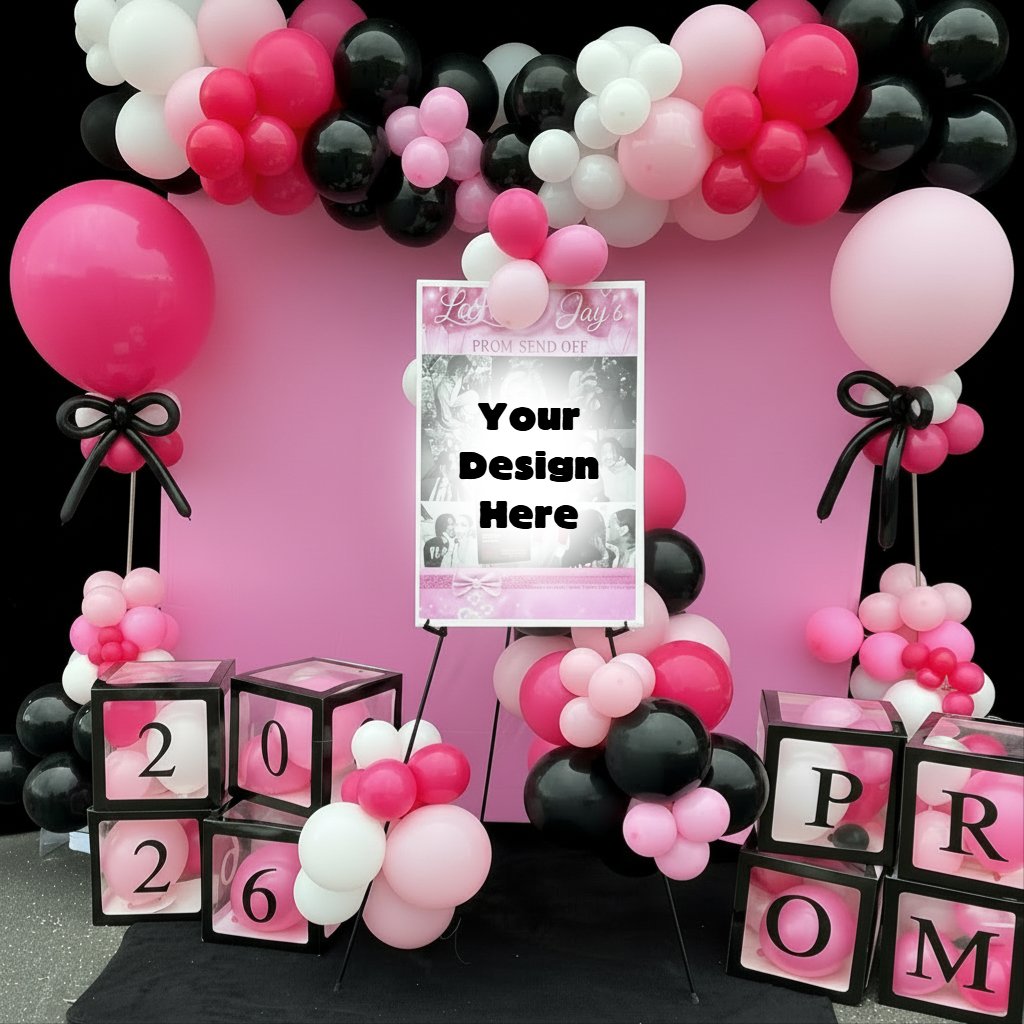 Pink, black, and white balloon decorations with a large pink backdrop, a sign reading 'Your Design Here,' and blocks spelling '2026 PROM' at a prom event.