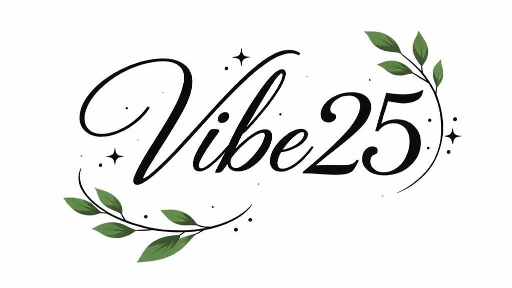 Logo with the text "Vibe25" in elegant black script, decorated with green leafy branches and small stars.