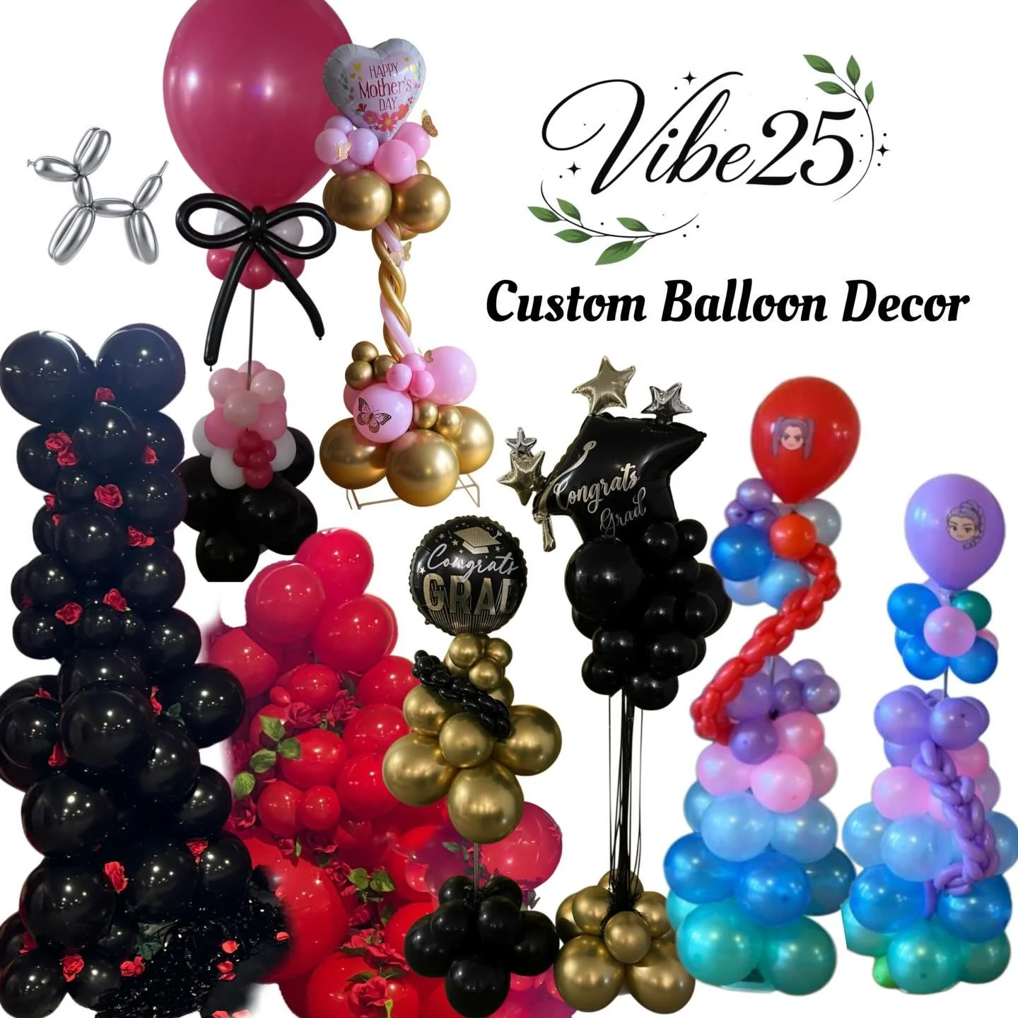 Various colorful balloon arrangements for a celebration, including themed balloons with 'Congrats Grad' and 'Happy Mother's Day' messages.